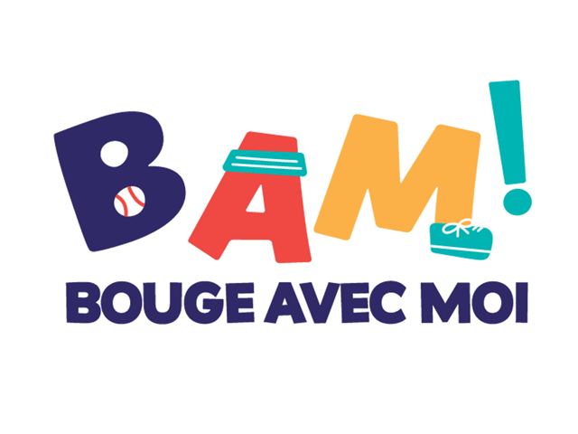 Le logo du programme Bouge avec moi, désigné par l'acronyme « BAM! », est composé de lettres colorées ornées d'accessoires sportifs.