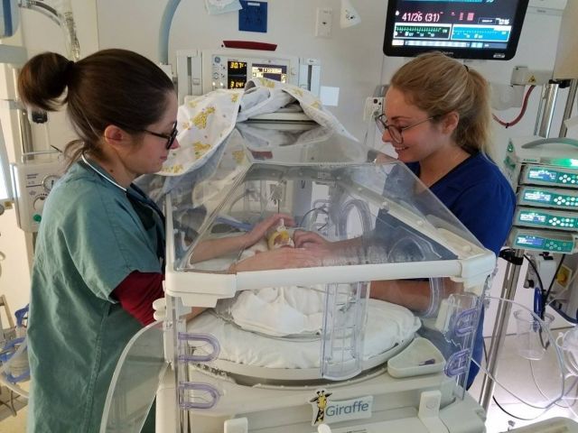 Two caregivers tend to a baby in an incubator.