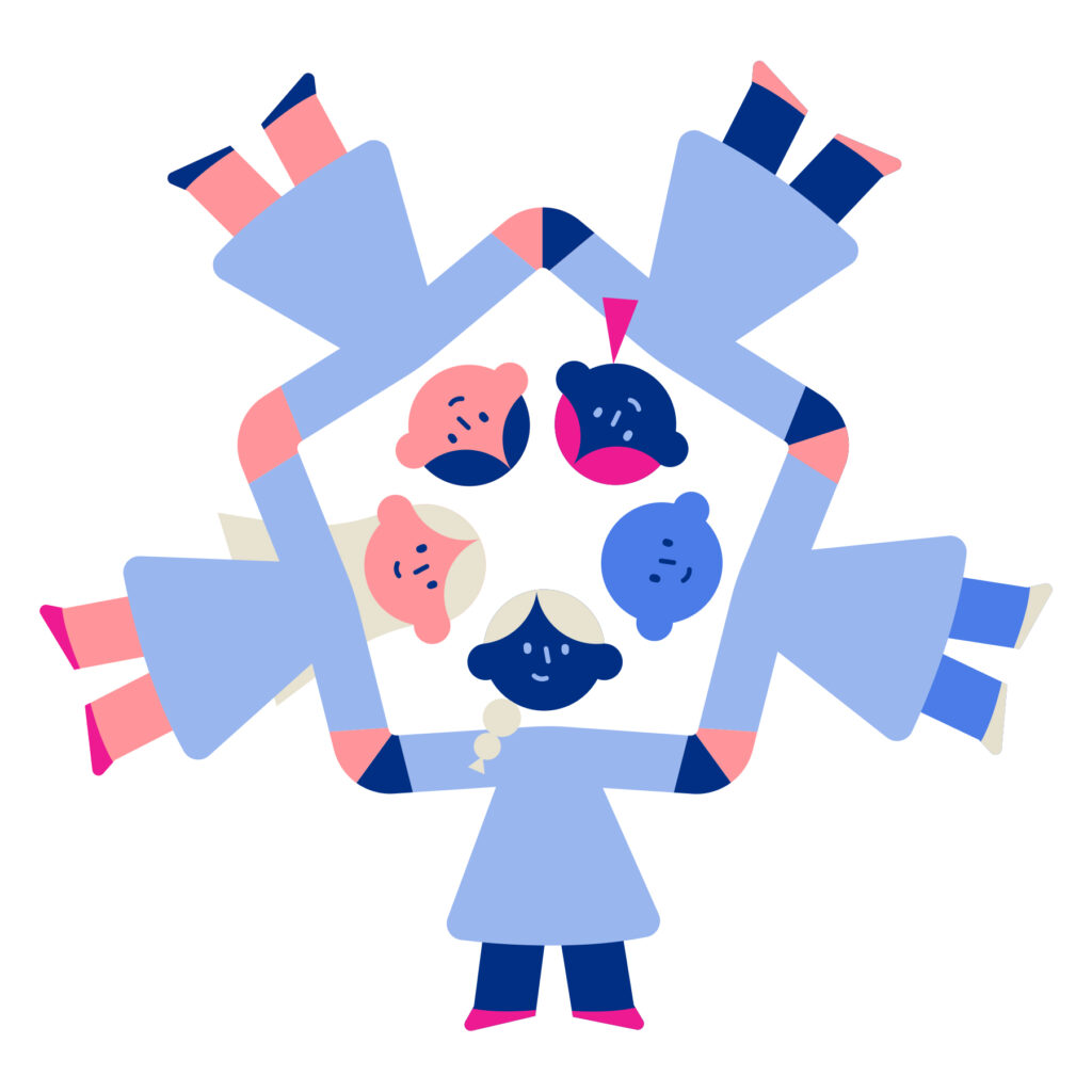 Illustration de cinq personnages formant une ronde, main dans la main.
