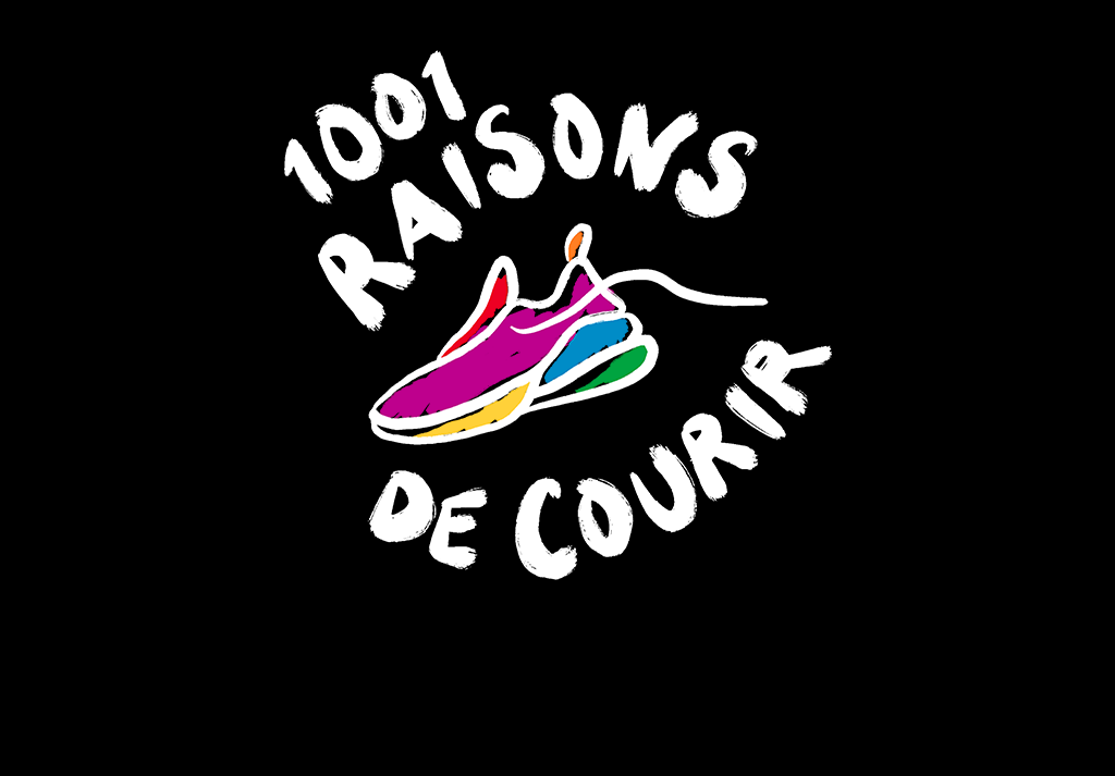 Illustration de chaussures de course color&eacute;es avec le texte &laquo; 1001 raisons de courir &raquo;.