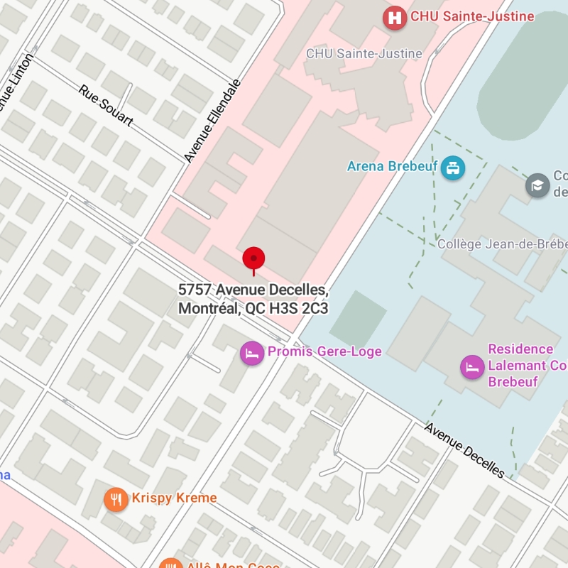 Carte indiquant l&rsquo;emplacement de la Fondation CHU Sainte-Justine au 5757 avenue Decelles, Montr&eacute;al, QC, avec des rep&egrave;res locaux comme l&rsquo;h&ocirc;pital Sainte-Justine, le Coll&egrave;ge Jean-de-Br&eacute;beuf et l&rsquo;ar&eacute;na Br&eacute;beuf.